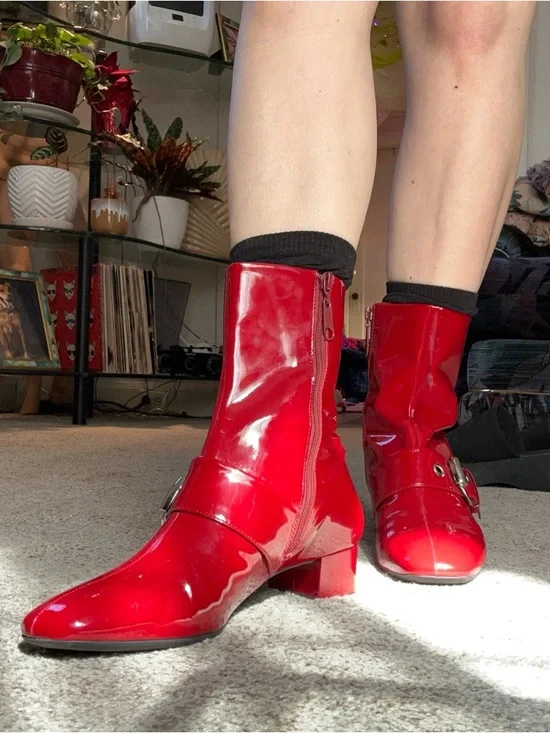 Franco Sarto Red Patent Mid-Calf Buckle Boots - Picture 4 of 9